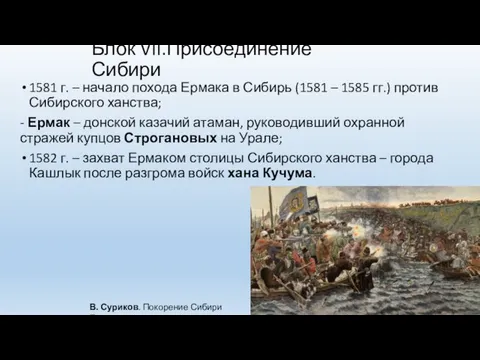 Блок VII.Присоединение Сибири 1581 г. – начало похода Ермака в Сибирь