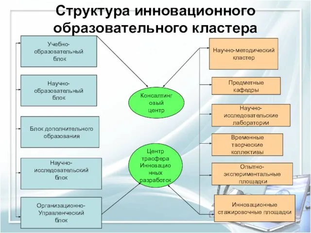 Структура инновационного образовательного кластера Учебно-образовательный блок Научно-образовательный блок Научно-исследовательский блок Блок