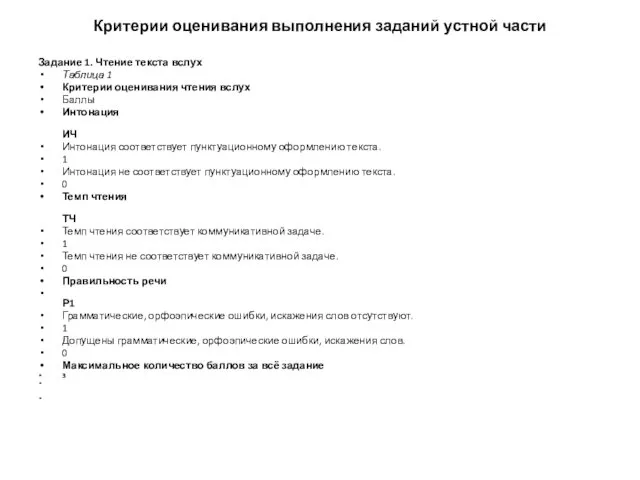 Критерии оценивания выполнения заданий устной части Задание 1. Чтение текста вслух