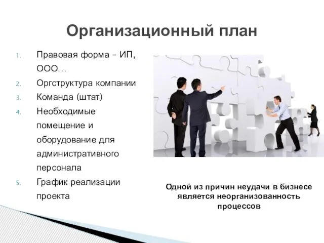 Правовая форма – ИП, ООО… Оргструктура компании Команда (штат) Необходимые помещение