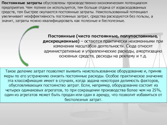 Постоянные затраты обусловлены производственно-экономическим потенциалом предприятия. Чем полнее он используется, тем