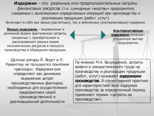 Издержки – это реальные или предположительные затраты финансовых ресурсов (т.е. суммарные