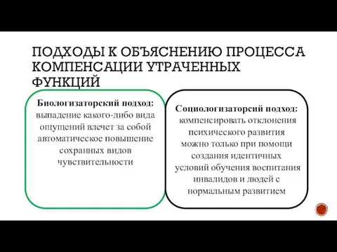 ПОДХОДЫ К ОБЪЯСНЕНИЮ ПРОЦЕССА КОМПЕНСАЦИИ УТРАЧЕННЫХ ФУНКЦИЙ Биологизаторский подход: выпадение какого-либо