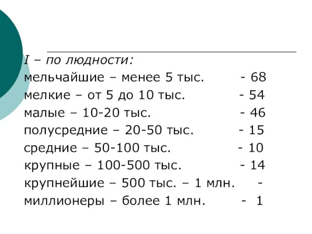 I – по людности: мельчайшие – менее 5 тыс. - 68