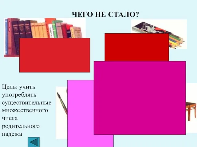 Цель: учить употреблять существительные множественного числа родительного падежа ЧЕГО НЕ СТАЛО?