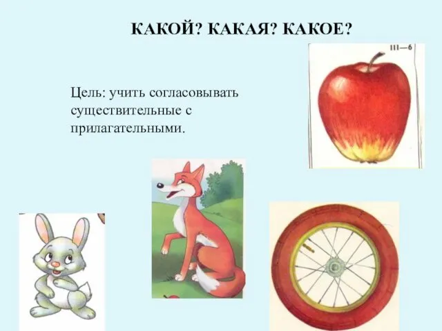 Цель: учить согласовывать существительные с прилагательными. КАКОЙ? КАКАЯ? КАКОЕ?