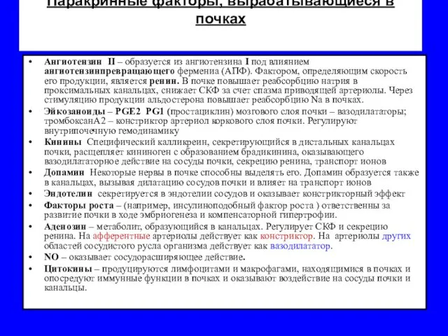 Паракринные факторы, вырабатывающиеся в почках Ангиотензин II – образуется из ангиотензина