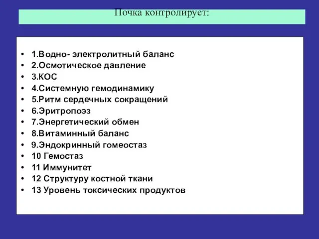 Почка контролирует: 1.Водно- электролитный баланс 2.Осмотическое давление 3.КОС 4.Системную гемодинамику 5.Ритм