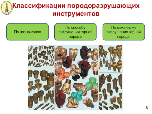 Классификации породоразрушающих инструментов 8 По назначению По способу разрушения горной породы По механизму разрушения горной породы