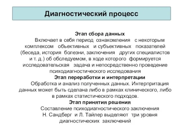 Диагностический процесс Этап сбора данных Включает в себя период ознакомления с