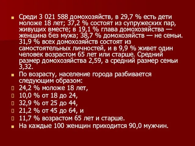 Среди 3 021 588 домохозяйств, в 29,7 % есть дети моложе