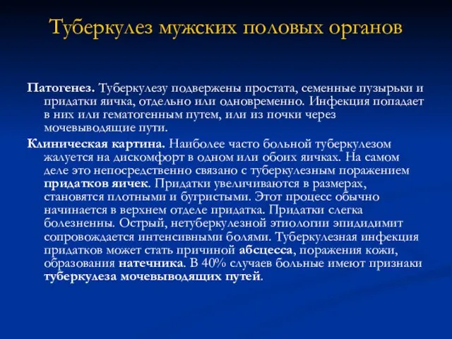 Туберкулез мужских половых органов Патогенез. Туберкулезу подвержены простата, семенные пузырьки и