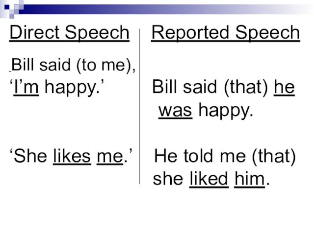 Direct Speech Reported Speech Bill said (to me), ‘I’m happy.’ Bill