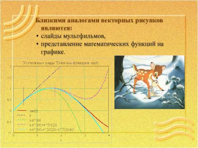 Близкими аналогами векторных рисунков являются: слайды мультфильмов, представление математических функций на графике.