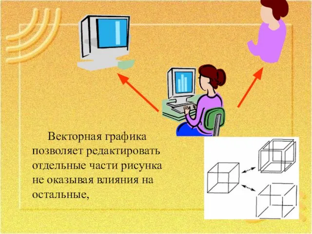 Векторная графика позволяет редактировать отдельные части рисунка не оказывая влияния на остальные,