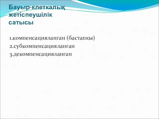 Бауыр-клеткалық жетіспеушілік сатысы 1.компенсацияланған (бастапқы) 2.субкомпенсацияланған 3.декомпенсацияланған