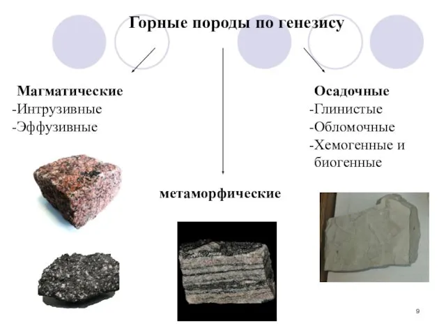 Горные породы по генезису Магматические Интрузивные Эффузивные метаморфические Осадочные Глинистые Обломочные Хемогенные и биогенные