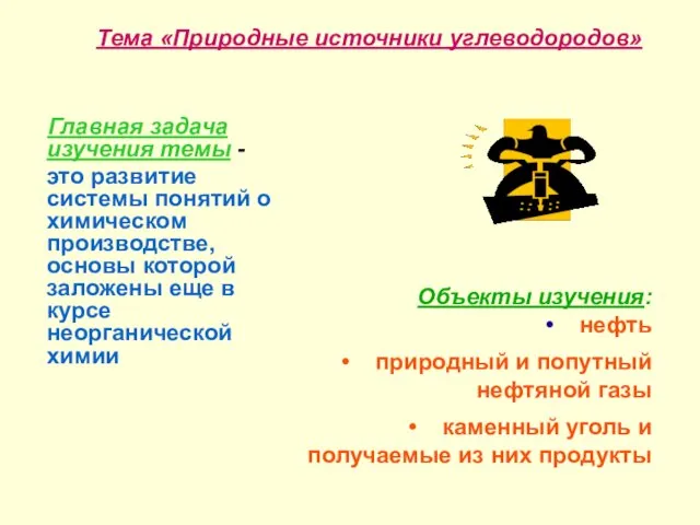 Тема «Природные источники углеводородов» Главная задача изучения темы - это развитие