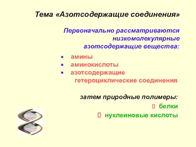 Тема «Азотсодержащие соединения» затем природные полимеры: белки нуклеиновые кислоты Первоначально рассматриваются