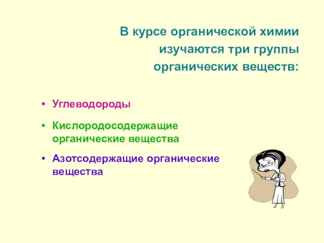 Углеводороды Кислородосодержащие органические вещества Азотсодержащие органические вещества В курсе органической химии изучаются три группы органических веществ: