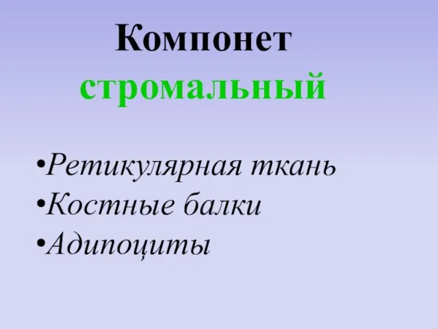 Компонет стромальный Ретикулярная ткань Костные балки Адипоциты