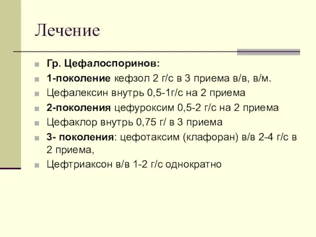 Лечение Гр. Цефалоспоринов: 1-поколение кефзол 2 г/с в 3 приема в/в,