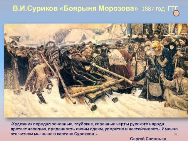 В.И.Суриков «Боярыня Морозова» 1887 год ГТГ «Художник передал основные, глубокие, коренные