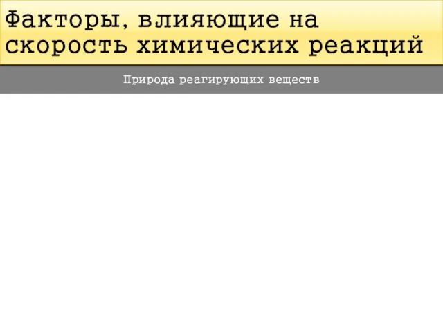Факторы, влияющие на скорость химических реакций Природа реагирующих веществ