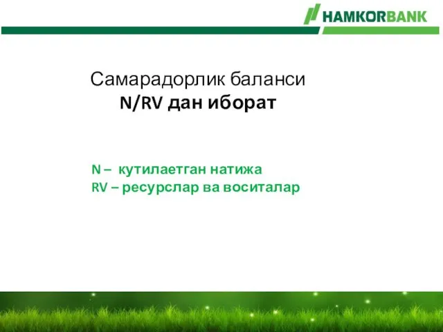 Самарадорлик баланси N/RV дан иборат N – кутилаетган натижа RV – ресурслар ва воситалар