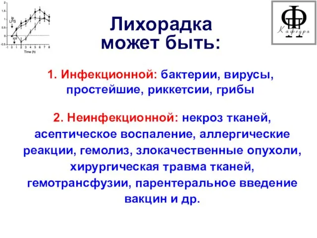 Лихорадка может быть: 1. Инфекционной: бактерии, вирусы, простейшие, риккетсии, грибы 2.