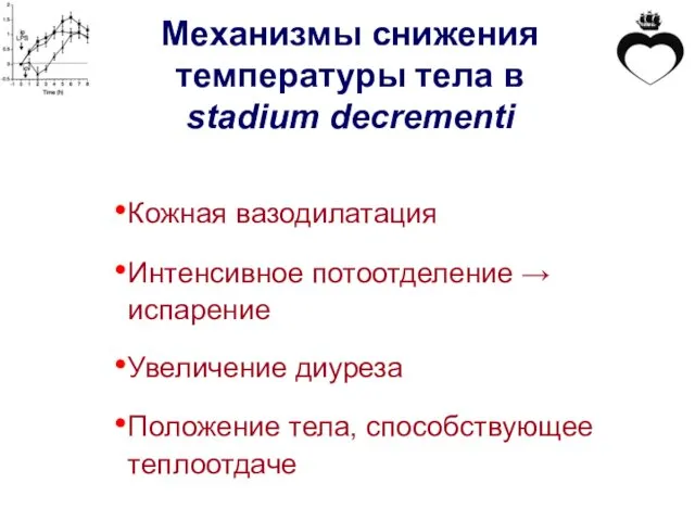 Механизмы снижения температуры тела в stadium decrementi Кожная вазодилатация Интенсивное потоотделение