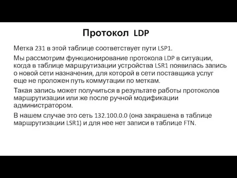 Протокол LDP Метка 231 в этой таблице соответствует пути LSP1. Мы