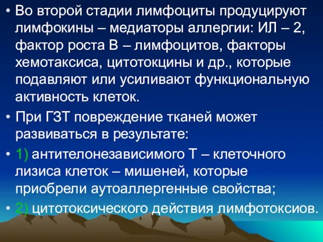 Во второй стадии лимфоциты продуцируют лимфокины – медиаторы аллергии: ИЛ –