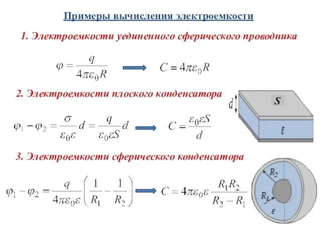 Примеры вычисления электроемкости 1. Электроемкости уединенного сферического проводника 2. Электроемкости плоского