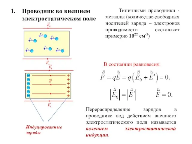 Проводник во внешнем электростатическом поле Типичными проводники - металлы (количество свободных