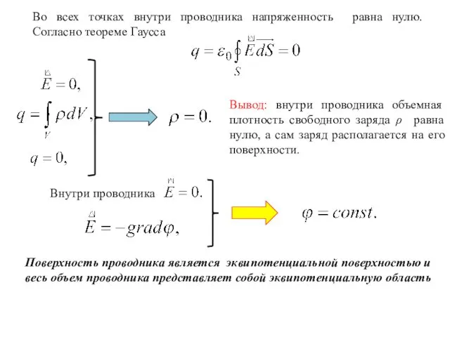 Вывод: внутри проводника объемная плотность свободного заряда ρ равна нулю, а