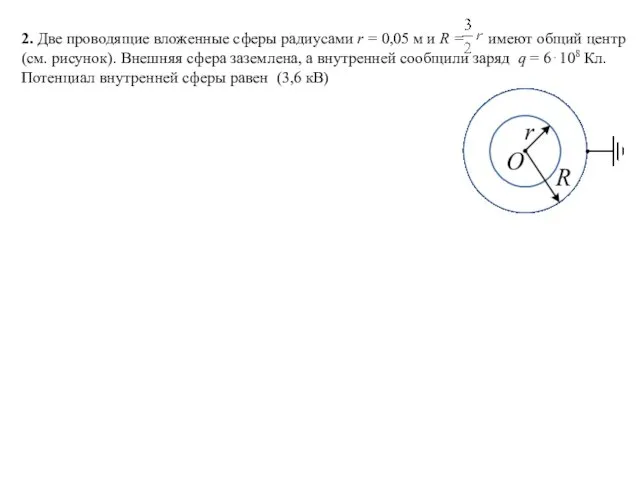 2. Две проводящие вложенные сферы радиусами r = 0,05 м и