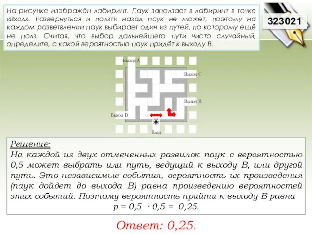 Решение: На каждой из двух отмеченных развилок паук с вероятностью 0,5