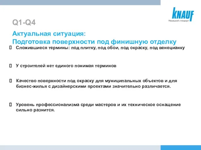 Актуальная ситуация: Подготовка поверхности под финишную отделку Сложившиеся термины: под плитку,