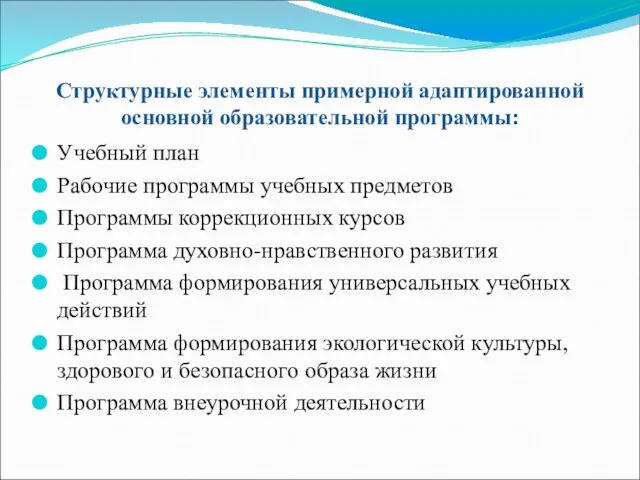 Структурные элементы примерной адаптированной основной образовательной программы: Учебный план Рабочие программы