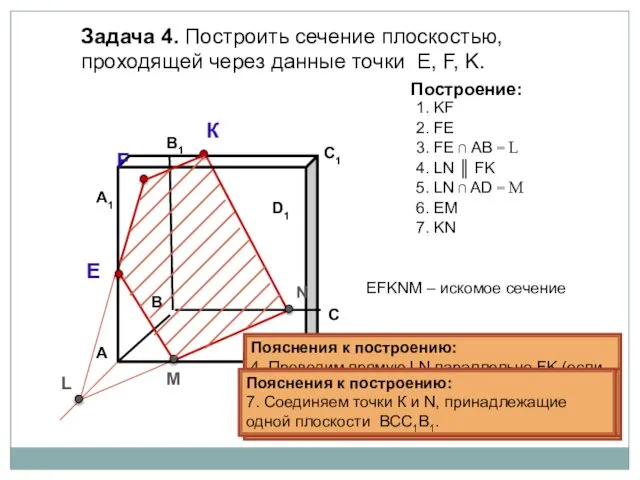 Пояснения к построению: 1. Соединяем точки K и F, принадлежащие одной