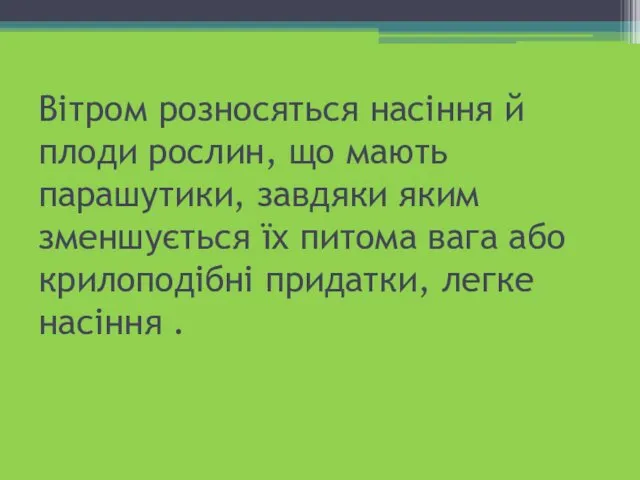 Вітром розносяться насіння й плоди рослин, що мають парашутики, завдяки яким