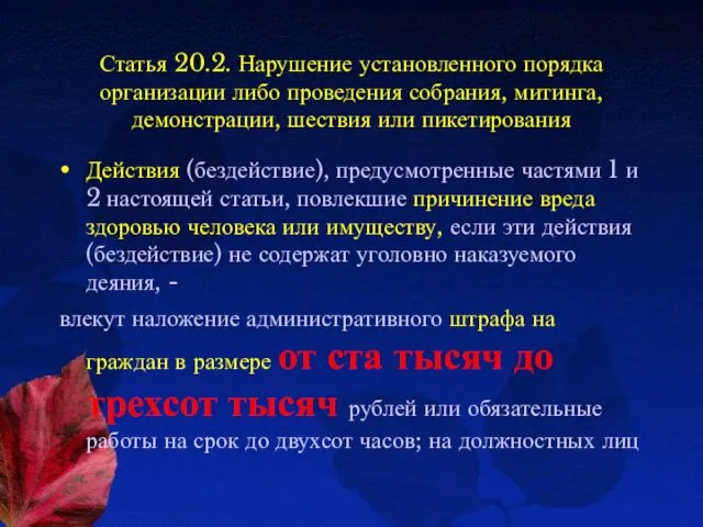 Статья 20.2. Нарушение установленного порядка организации либо проведения собрания, митинга, демонстрации,