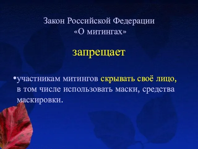 Закон Российской Федерации «О митингах» запрещает участникам митингов скрывать своё лицо,