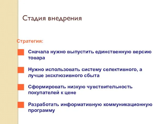 Стадия внедрения Стратегия: