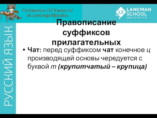 Чат: перед суффиксом чат конечное ц производящей основы чередуется с буквой