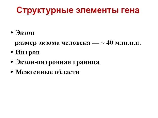 Структурные элементы гена Экзон размер экзома человека — ~ 40 млн.н.п. Интрон Экзон-интронная граница Межгенные области