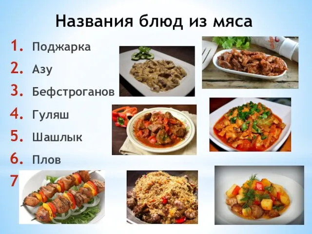 Названия блюд из мяса Поджарка Азу Бефстроганов Гуляш Шашлык Плов Рагу