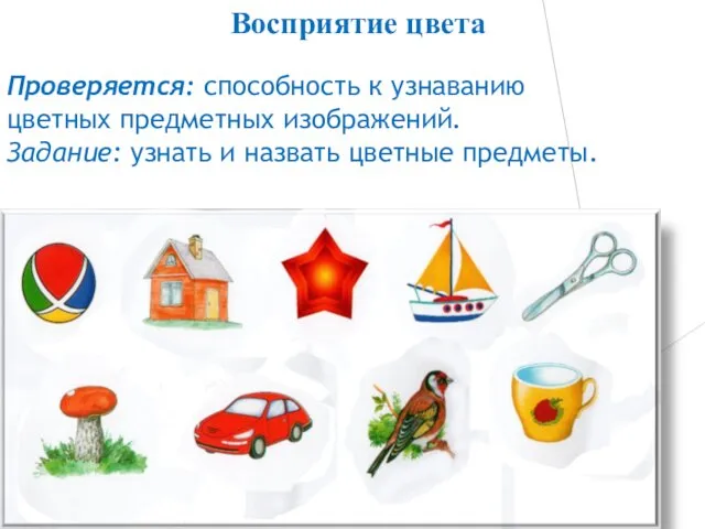 Проверяется: способность к узнаванию цветных предметных изображений. Задание: узнать и назвать цветные предметы. Восприятие цвета