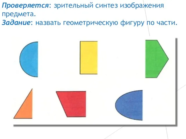 Проверяется: зрительный синтез изображения предмета. Задание: назвать геометрическую фигуру по части.